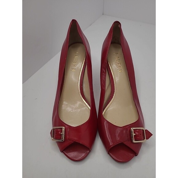 Lauren Ralph Lauren Peep toe Leather Red Peep Toe Heels Size 8 Office Career - Picture 1 of 11